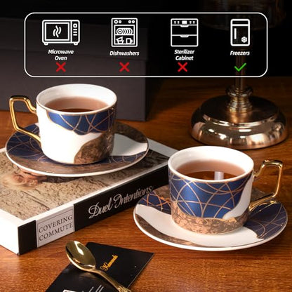 KAMMAK Tea Cups and Saucers Set of 2, Porcelain Coffee Cups, NX028 | Gold Rim, Stackable Espresso Mugs, Ceramic Demitasse for Coffee, Latte, Americano, Afternoon Tea, Elegant Gift for Women - size: 8CZNX028