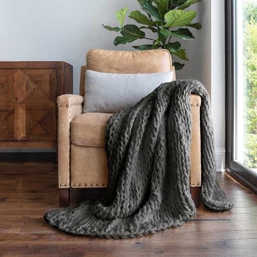 Merit Linens Chunky Knit Throw Blanket - One Size Gray - color: Chunky Hand-knit Gray