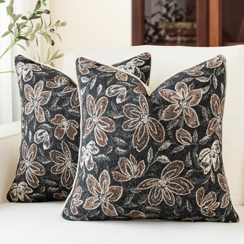 MATTINS 20x20 Vintage Floral Patterned Throw Pillow Covers, Black, 2PC | Farmhouse Decorative Pillow Covers, Country Botanical Jacquard Design, Cottage Boho Accent for Sofa, Bed, and Living Room - color: Charcoal Black, size: 20" x 20" (Pack of 2)