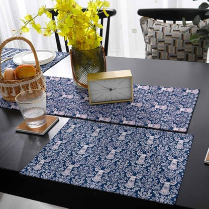 Table Runner and Placemats Set of 6 Branches Leaves Decorative Dining Table Runner with Matching Placemats Deer Head Table Decor for Kitchen Dining Room and Everyday Use 13x90in - size: 13"x90"+6pcs