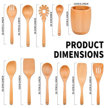 11 PCS WOSPONFAN Kitchen Utensils Set - Wooden Spoons for Cooking, Natural Beech Wood Wooden Utensils - Includes Wooden Spoons, Spatula Set, Slotted Spoon - Handmade Wooden Spoon Set | Heat Resistant, Non-Scratch, Safe for Nonstick Pan, Easy to Clean, Dai