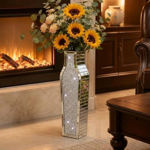 30" Large Double Sided Crushed Diamond Vases,Tall Silver Mirrored Vase for Floor,Big Crystal MirrorDecorative Vase for Home,Office,Hotel(Sliver,8.6" L x 5.3" W x30 H) - color: Silver, size: 8.6" L x 5.3" W x 30" H