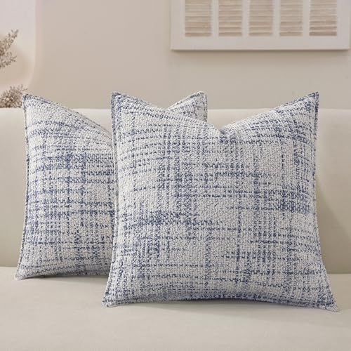 Chenille Throw Pillow Covers 18x18 Set of 2, Thick Soft Tweed Textured Decorative Boho Pillow Covers with Elegant Design for Couch, Sofa, Living Room, Blue - color: Blue, size: 18" x 18" (Pack of 2)
