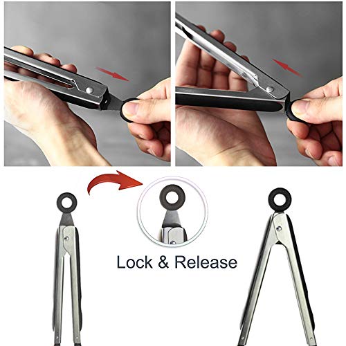 2 Pack Stainless Steel Silicone Cooking & Serving Tongs, 7 & 9 Inch | Locking Handle, Heat Resistant, Dishwasher Safe, for Grilling Steak Salad Pasta Buffet Serving, Black - color: Black, size: 7 & 9 inch