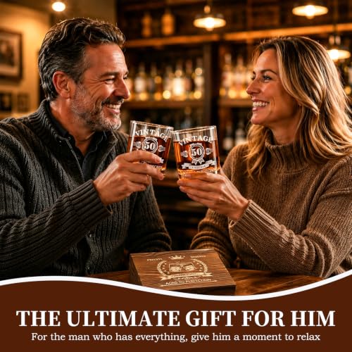 50th Birthday Gifts for Men Whiskey Glass Set, Vintage 1976 Wood Gift Box | Whiskey Stones Coaster, Glass Pipette & Tongs, Aged to Perfection 50 Year Old Bday Gifts Ideas for Him Dad Husband Friends - style: 50th Mens Gifts