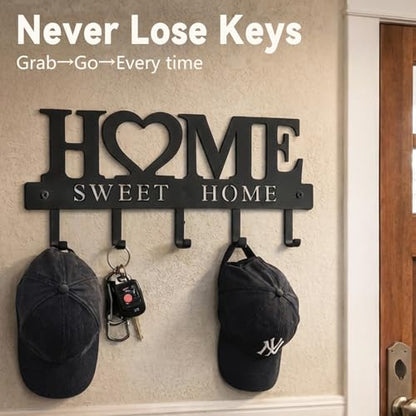 Entryway Key Holder Wall Mount with 5 Hooks, 13" Metal “Sweet Home” Key Rack Organizer for Wall, Decorative Key Hanger for Entryway, Hallway & Mudroom, Housewarming Gift, Black - size: 13inches