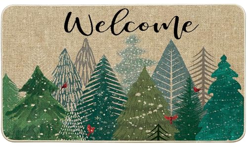 ORTIGIA Welcome Winter Pines Tree Doormat Christmas Tree Snow Forest Door Mats Non-Slip Entrance Indoor Outdoor Low-Pile Front Door Mat for Home, Kitchen, Patio, Yard, 17x29.5 Inch - size: 1'5" x 2'6" (Rectangular)