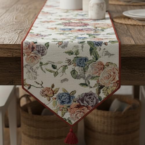 DaDa Bedding Vintage Romantic Roses Floral Tapestry Table Runner - Lovely Blossom Spring Garden Red Pink Violet Design - Elegant Decorative Cotton Linen Woven Dining Mats - Oversized 13" x 120" - size: 13" x 120"