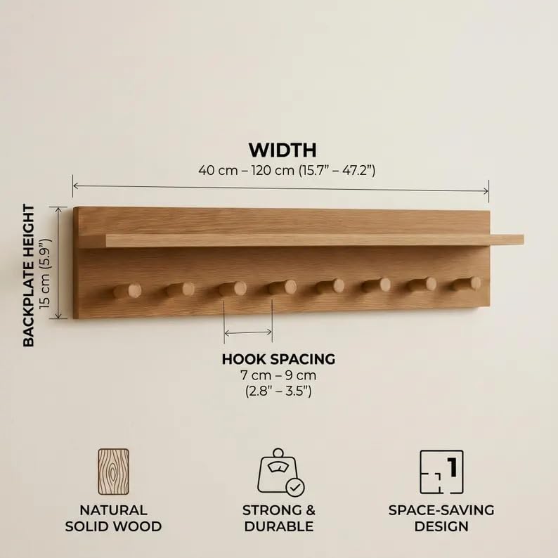 Rustic Wooden Coat Rack Wall Mount with Top Shelf, Solid Wood Peg Hook Rail Entryway Hat Jacket Purse Hanging Organizer for Mudroom Hallway Bathroom Home Decor