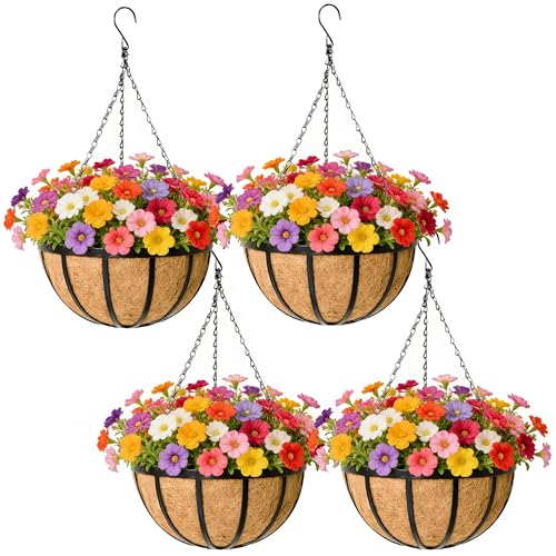 Black Flat Iron Metal Hanging Planter Basket with Coco Coir Liner(4 Pack, 14 Inch) Hanging Planters for Outdoor Plants Round Plant Flower Pots Hanging Flower Basket for Outdoor Patio Garden Decoration - size: 14 Inch