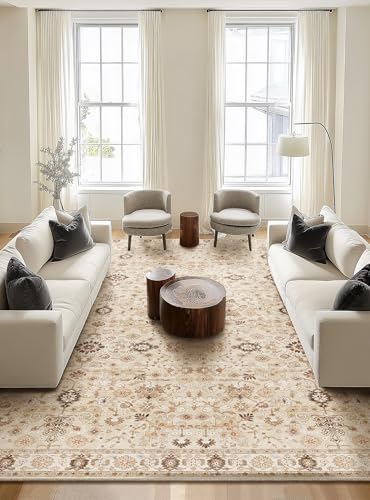 Machine Washable Rugs for Living Room: 10x14 Area Rugs for Bedroom | Ultra Soft,Non-Slip,Low Pile,Vintage Distress,Boho,Large,Carpet,High-Traffic,Dining Room,Nursery Room,Farmhouse Decor - color: Brown/Yellow/Multi, size: 10' x 14' (Rectangular)