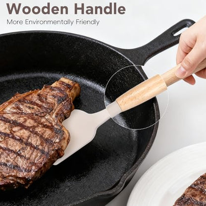 12 Pcs Kitchen Utensils Set, 446°F Heat Resistant Silicone | Non-Toxic Wooden Cooking Tools for Nonstick Cookware, Khaki Kitchen Gadgets Set, Accessories for Daily Cooking & Baking
