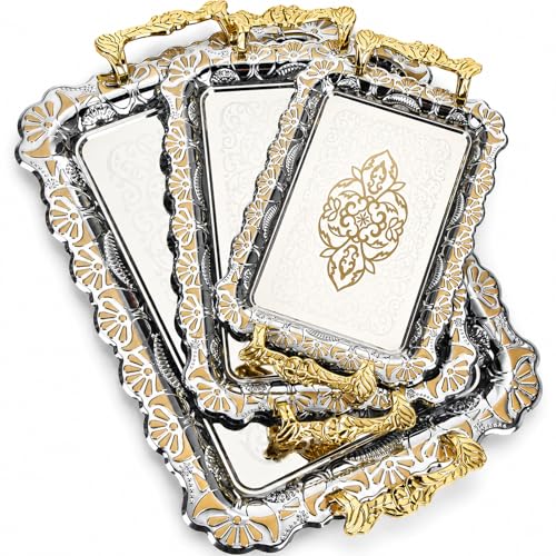 3 Pack Metal Serving Trays with Handles, Decorative Floral Platter Trays for Coffee Tea, Food, Dessert, Jewelry, for Buffet Wedding Party Kitchen Home Decor(Classic,Silver, Gold) - color: Silver, Gold, style: Classic