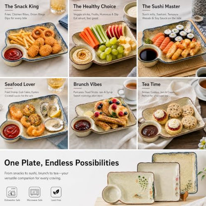 4 Pack Ceramic Dumpling Plate with Dipping Saucer, 7.3 Inch Japanese Sushi Platter, Chip and Dip Plate, Divided Snack Serving Dish for Appetizer, Charcuterie, Dessert, Salad, Entertainment