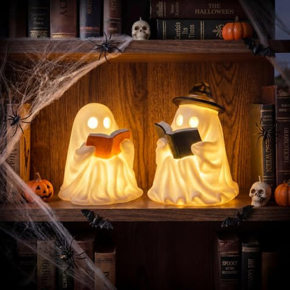 Fumete 2 Pcs Reading Ghost Halloween Decorations - Aesthetic Spooky Resin Light up Cute Ghost Couple with Book, Halloween Indoor Figurines for Mantel, Shelf & Tabletop Cozy Room Party Decor - style: Reading Ghosts