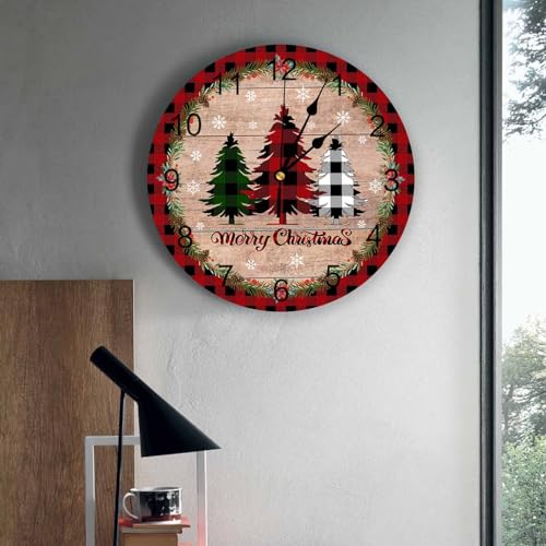 Christmas Silent PVC Wall Clock 10 Inch Red Black Buffalo Plaid Round Wall Clock Xmas Tree Snowflake Retro Wood Grain Hanging Clock for Kitchen Battery Operated Living Room Christmas Clock - color: Christmascbt5114, size: 10x10inch(25x25cm)