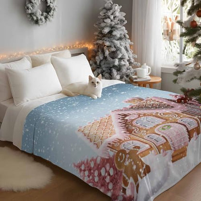 Pink Christmas Throw Blanket, Xmas Tree Gingerbread Man House Super Soft Warm Flannel Blankets for Bed Couch Sofa Fantasy Snow Scene Lightweight Fluffy Plush Bed Throws 40x50 Inch - color: Pink Blue, size: 40''x50''