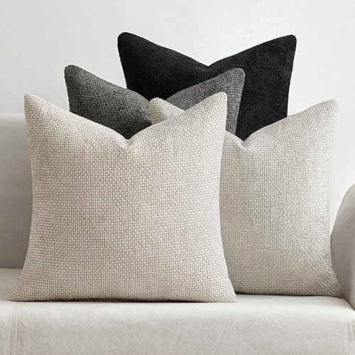 MIULEE Soft Decorative Chenille Pillow Covers Cream Grey 16x16 Pack of 4 | Modern Home Decor, Classic Neutral Set, Couch Throw Pillows, Farmhouse Boho Cushion Covers for Sofa Bed Living Room - color: Neutral Cream/Grey, size: 16" x 16" (Pack of 4)