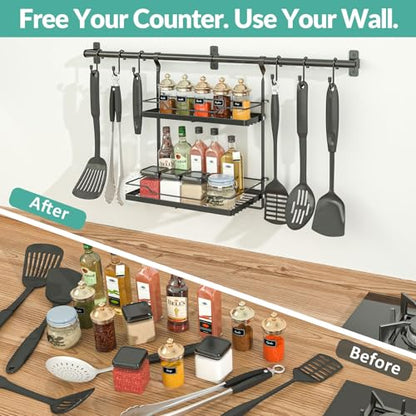 NADAMOO Spice Rack Wall Mount, 2-Tier Storage Shelf with Utensil Hanger | Adjustable Shelf & Hooks, Holds 40 lbs, Black Metal Vertical Storage Organizer Fits Kitchen Bathroom Laundry Coffee Bar