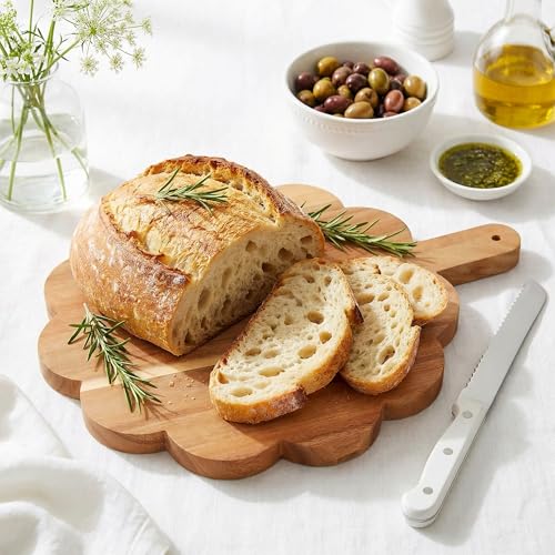 Scalloped Cutting Board with Handle, Acacia Wood Decorative Cutting Board | Round Kitchen Chopping Boards for Pizza, Bread, Cheese, Fruits, Vegetables, 12 x 10 x 0.63 Inch