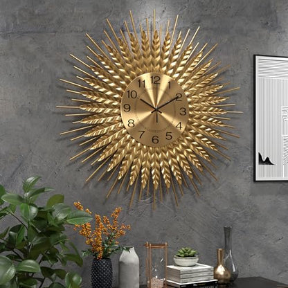 Modern Large Wall Clock Decorative Metal Mid Century Wall Clocks, Gold Big Silent Non-Ticking Clock, Modern Handmade Home Art Decor for Living Room, Bedroom, Dining Room, 24 Inch - size: 1. Gold-Wheat 24In(60cm)