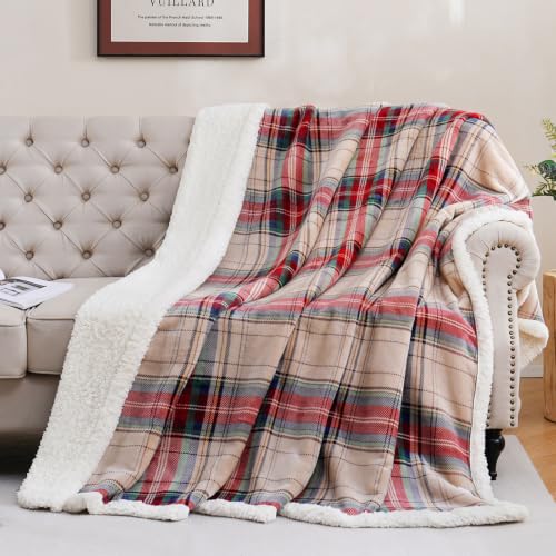 PU MEI Sherpa Fleece Throw Blanket 60" x 80" Reversible Plush Fluffy Large Big Blanket Lattice Flannel Blankets for All Season Use, Chrismas Red - color: Chrismas Red, size: 60"*80"