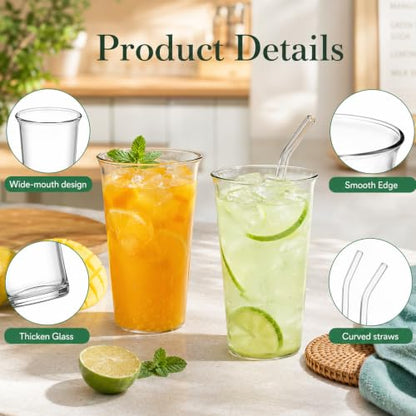 6 Piece Drinking Glasses 16 Oz Clear Drinking Glass with Straws Highball Glasses with Glass Straws Kitchen Glassware for Juice Coffee Cocktail Home Restaurant Party Tea, Water, Gift
