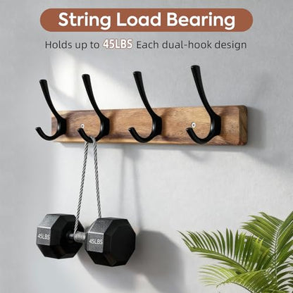 Coat Rack Wall Mount,Acacia Wood Coat Hooks Wall Mount,15" Wall Coat Rack with Heavy Duty 4-Double-Hooks,Hat Rack Wall Coat Hanger for Towel/Dog’s Leashes/Coat/Bag