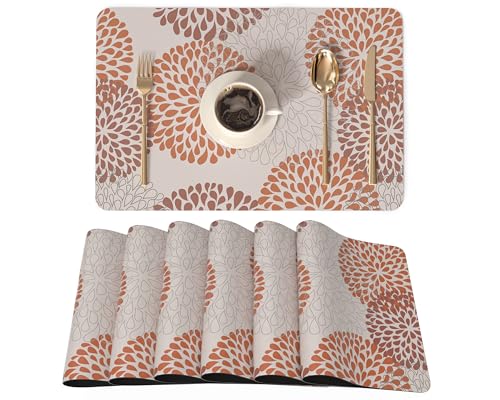 QIYI PU Leather Placemats Set of 4, 12"x18" Waterproof Table Mats, Brown | Faux Leather, Heat Resistant, Anti Slip, Wipeable Place Mats for Kitchen Dinning, Party Table Décor, Brown Floral Burst - color: Brown Floral Burst, size: Set of 6