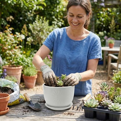MyGift 7 Inch Round White Ceramic Plant Pot with Drainage Hole and Attached Saucer, Modern Decorative Embossed Sunburst Planter Container for Indoor Home Garden | 7-Inch Round Embossed Sunburst Design for Indoor Plants, Succulents, Herbs, Flowers & Home G
