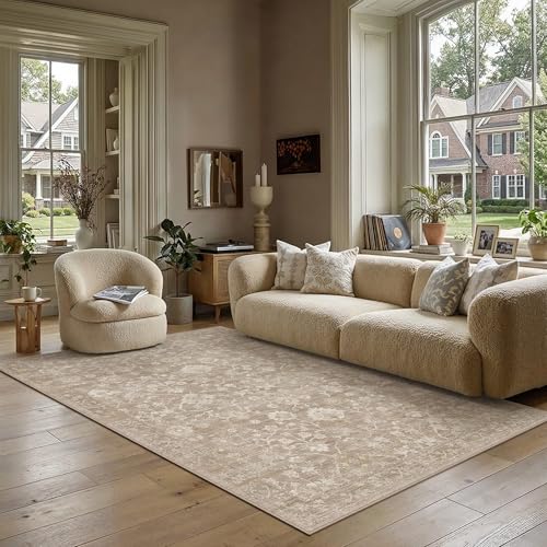 5x7 Beige Neutral Area Rugs Washable Rug Carpet | Living Room Rug, Vintage Rug, Bedroom, Dining Room, Office, Farmhouse, Non Slip, Low Pile, Soft, Distressed - color: Beige, size: 5' x 7' (Rectangular)