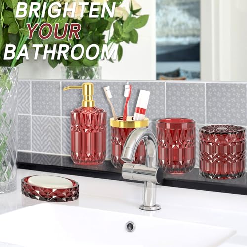 Red Bathroom Accessories Set, Glass Soap Dispenser Set with Rust Proof Stainless Steel Pump, Soap Holder, Toothbrush Holder, Tumbler, Cotton Swab Jars, Wine Red Bathroom Set Bathroom Decor Sets Gift - style: Red