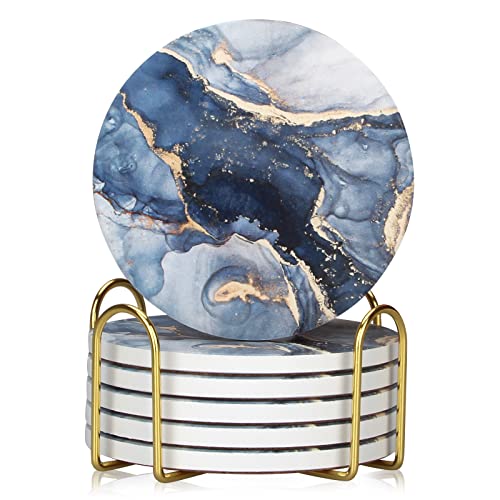 Coasters Set of 6, Navy Blue Marble Abstract Ceramic Coasters with Holder | Best Round Absorbent Drink Coaster Set, Coffee Table Decor for Home Decor House Warming Gifts New Home - color: Navy Blue
