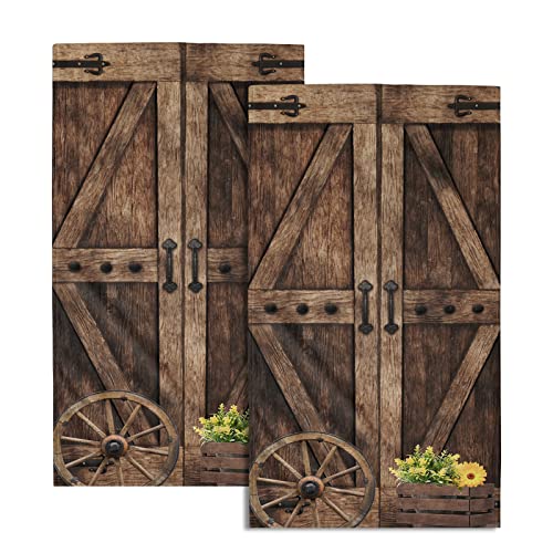 Giwawa Rustic Barn Door Hand Towels Set of 2 Brown Wood Fingertip Towels Soft Absorbent Towels for Bathroom Kitchen Yoga Gym Decorative - color: Wood Door