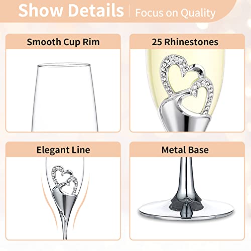 NUPTIO Gold Crystal Champagne Flutes, Wedding Gifts for Couple, Set of 2 | 6.76oz Rhinestone Rimmed Heart Toasting Glasses, Wine Cups for Anniversary, Engagement, Valentine's Day, Bridal Shower - color: Silver