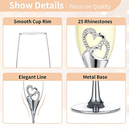 NUPTIO Gold Crystal Champagne Flutes, Wedding Gifts for Couple, Set of 2 | 6.76oz Rhinestone Rimmed Heart Toasting Glasses, Wine Cups for Anniversary, Engagement, Valentine's Day, Bridal Shower - color: Silver
