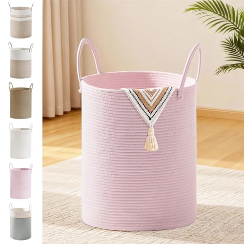 53L Tall Cotton Rope Laundry Basket with Handles, Pink | Storage Bin for Clothes, Blankets & Kids Toys, Girls Woven Hamper, Portable Organizer for Nursery, Bedroom, Living Room - color: Pink, size: 53L