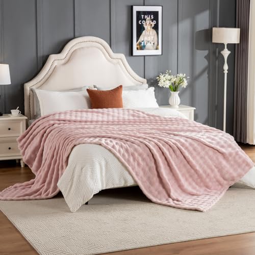 Faux Fur Bed Blankets Queen Size Pink, Soft Fluffy Bubble Blanket for Couch Sofa, Thick Warm Plush Fuzzy Rabbit Fur Large Blanket for All Season Use, 90"X 90" - color: Pink, size: queen(90x90)
