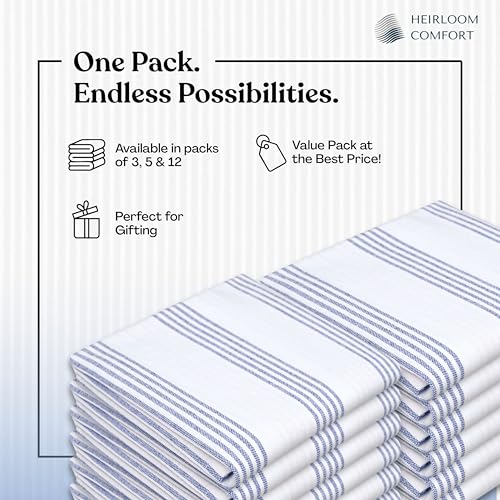 Indigo Blue Stripe Kitchen Towels, 3 Pack, 100% Cotton, Super Absorbent and Quick Dry, Multi Pin Striped Towel Set, Durable Dish Cloths for Kitchen Use, Cleaning & Drying Dishes - color: Indigo Blue, style: 3 Pack