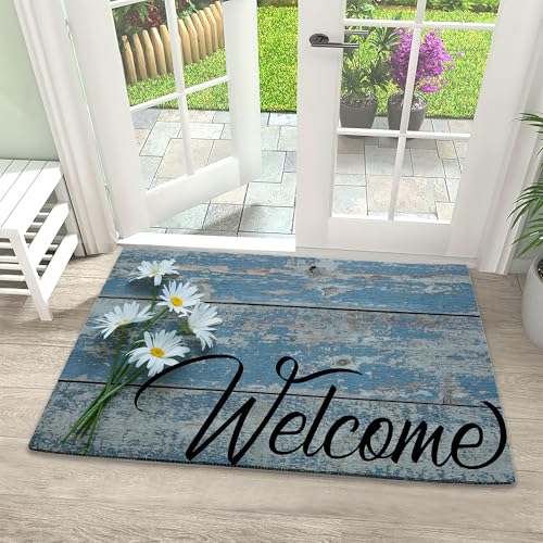 Retro Daisy Welcome Mats, Non-Slip Indoor Outdoor Door Mat for Home Entrance, Easy to Clean Floor Mat, 17 x 30 Inch for Entryway - color: Daisy Flowers on Old Wood