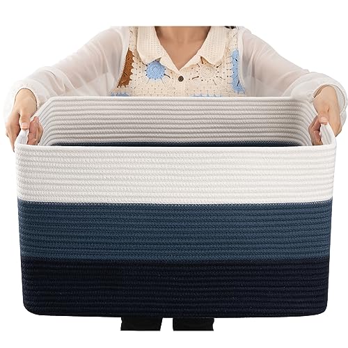 OIAHOMY Blanket Basket Laundry Basket Dog Toy Basket 75L Gradient Blue | Large Storage Basket,Baby Basket,Toy Storage,Woven Rope Basket for Blankets,Blanket Storage for Living Room - color: Gradient Blue, size: 22”x17”x12”