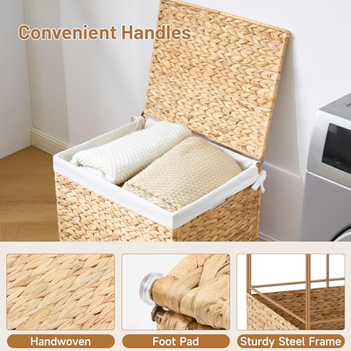 Water Hyacinth Storage Basket with Lid, 21.1 Gallon (80L) Wicker Shelf Basket with Removable Liner, Wicker Storage Basket for Blanket, for Livingroom, Bedroom, Natural - size: 19.7"L x 15.75"W x 15.75"H