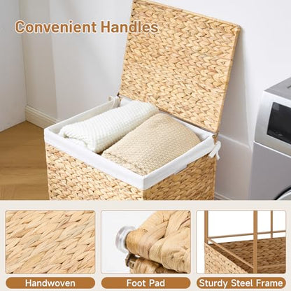 Water Hyacinth Storage Basket with Lid, 21.1 Gallon (80L) Wicker Shelf Basket with Removable Liner, Wicker Storage Basket for Blanket, for Livingroom, Bedroom, Natural - size: 19.7"L x 15.75"W x 15.75"H
