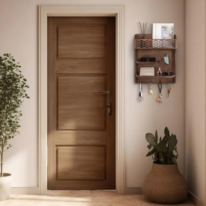 Rustic Wall Mounted Key Holder with Mail Sorter, Wooden Entryway Organizer with Hooks and Shelves, Walnut Finish Key Rack for Hallway, Living Room