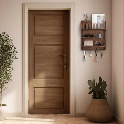 Rustic Wall Mounted Key Holder with Mail Sorter, Wooden Entryway Organizer with Hooks and Shelves, Walnut Finish Key Rack for Hallway, Living Room