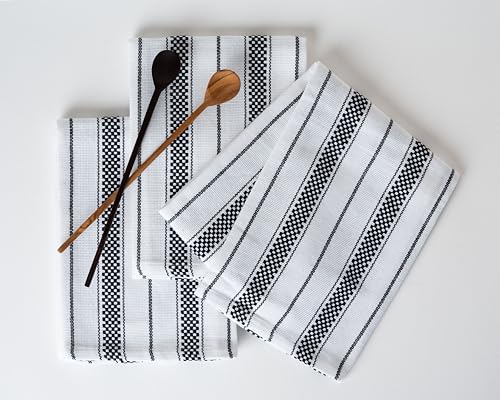 Kitchen Towels Set – Pack of 3 (20’’ x 30’’) Extra Large Premium Cotton Dish Towels for Kitchen – Chain Stripe Towels – Absorbent – 100% Cotton – with Hanging Loop – Black - color: Black Chain Striped, size: Pack of 3