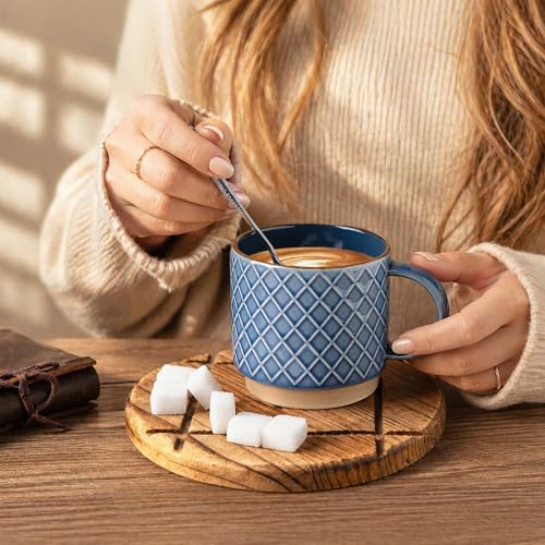 GBhome 12 OZ Stackable Coffee Mugs, Ceramic Coffee Mugs with Texture Patterns for Man,Woman,Dad,Mom, Modern Coffee Cups Set of 4 for Latte/Cappuccino/Cocoa. Dishwasher&Microwave Safe | 4 Assorted Designs, Embossed Mugs with Texture Patterns for Tea/Coffee