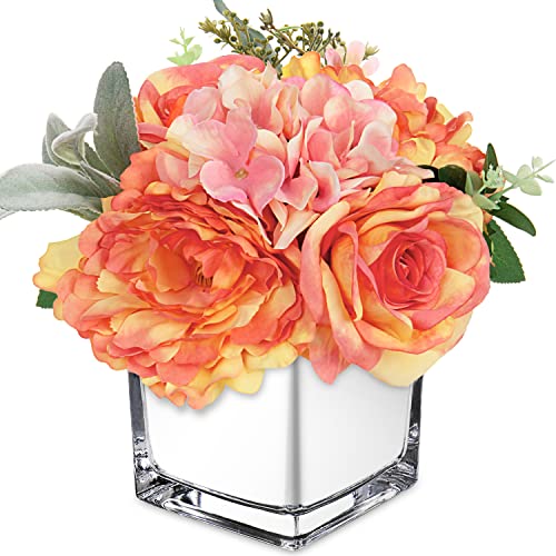 GnFlus Artificial Flowers in Vase Fake Silk Hydrangea Rose Flower Arrangement Faux Potted Flowers for Indoor Home Bathroom Office Table Shelf Decor, Orange - color: Orange