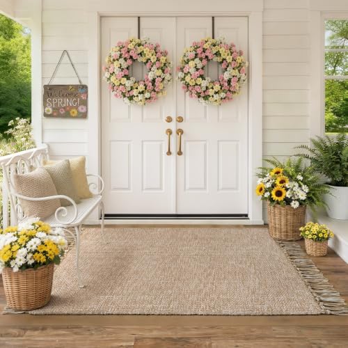 3' x 5' Woven Indoor Outdoor Porch Rug, Farmhouse Entryway Rugs | Modern Boho Reversible Front Door Mat, Tan/Cream Braided Washable Kitchen Rugs for Patio, Bedside, Bathroom, Nursery Decor - color: Tan/Cream, size: 3' x 5' (Rectangular)