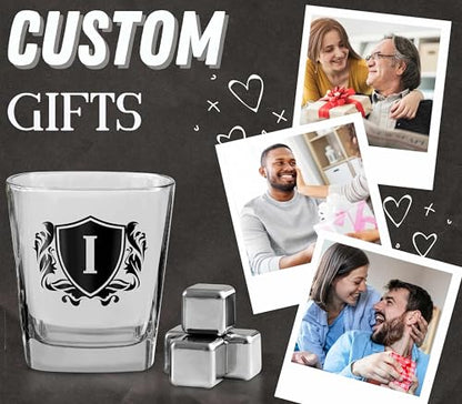 Whisky Gifts for Men, Personalized Initial Whiskey Glass with Whiskey Stones for Dad, Boyfriend, Best Friends, Coworkers, Husband, Brother, Uncle and Boss on Father's Day, Boss Day and Birthday - I - color: I